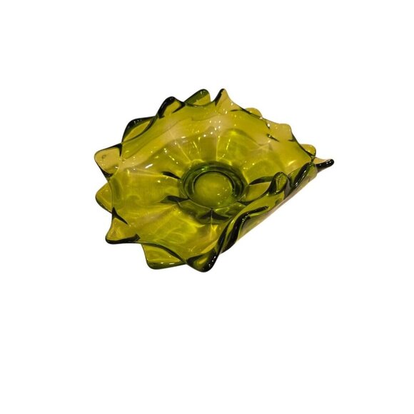 Vintage MCM Thick Large Ribbed Bent / Trifold GREEN Glass Ashtray Cigar Dish - Picture 2 of 3